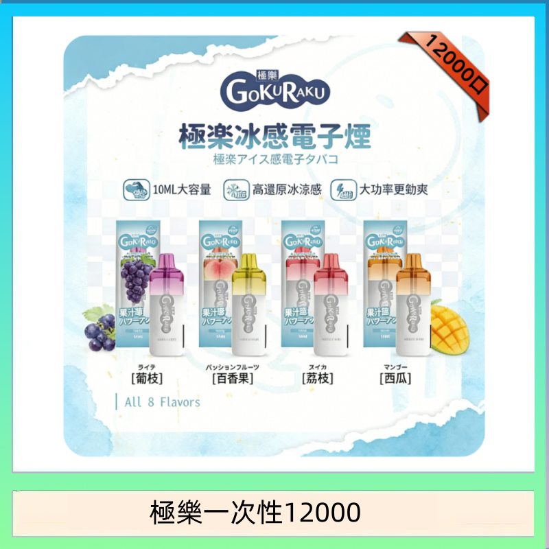 【8種口味】極楽 12000口一次性電子煙|超大容量 |口感絲滑|新品